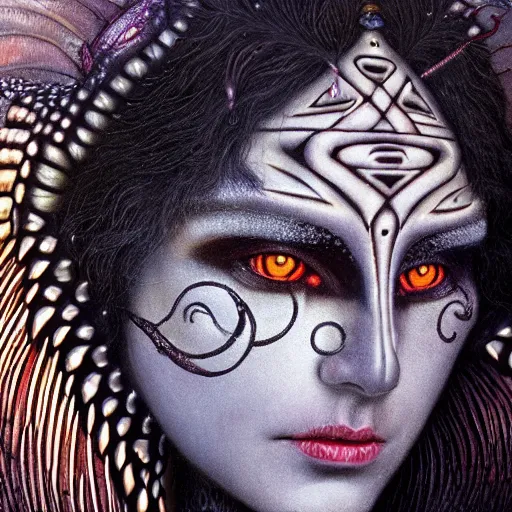 Image similar to beautiful closeup portrait of an art deco shaman, glowing eyes. reflective detailed textures, moth wings, highly detailed dark fantasy science fiction painting by tom bagshaw and michael whelan and diego rivera and annie swynnerton and jean delville, elaborate geometric ornament, ancient runes, silver and cool colors. artstation