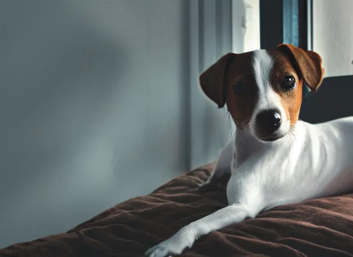 Image similar to photography of a Jack Russel . watching outside the window. on a bed. in a vintage room full of vinyls and posters.,volumetric light, photorealistic,, award winning photo, 100mm, sharp, high res