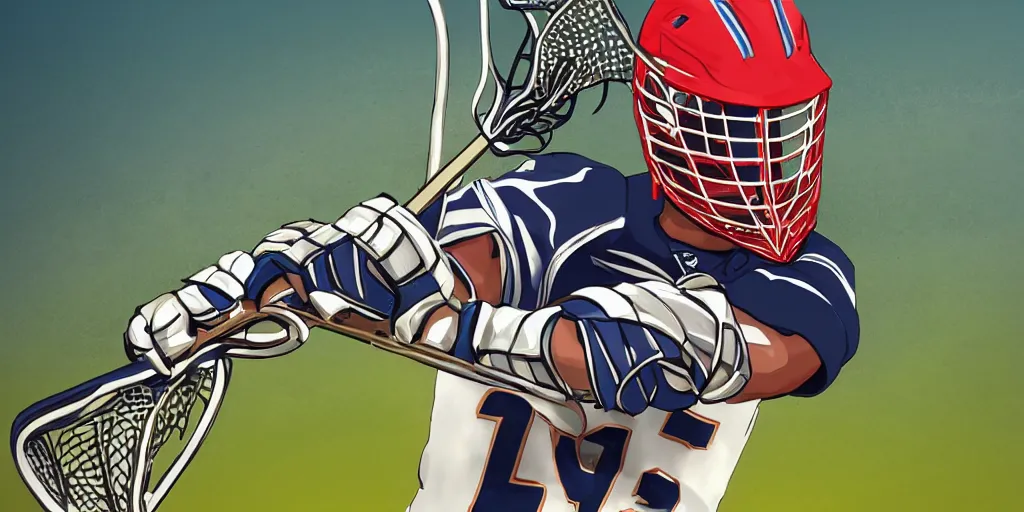 Image similar to lacrosse player, simple background, cascade helmet, concept art, trending on arstation, very detailed, 8 k, high resolution, symmetry, normal proportions, sport illustration, cascade xrs custom lacrosse helmet, brine lacrosse stick, brine lacrosse king v gloves, nike alpha huarache 7 elite, stx surgeon 7 0 0 lacrosse arm guards