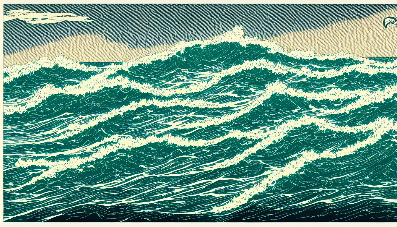 Prompt: ocean storm by dan mumford and peter doig and edward hopper, symmetrical, minimal, black ink, thick lines highly detailed, muted colours, overlaid with chinese adverts, 8 k