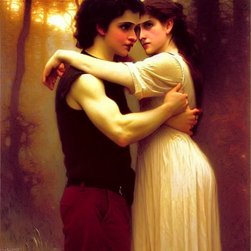 Image similar to twilight version of stranger things, portrait of edward and bella by gaston bussiere in the style of william - adolphe bouguereau, art nouveau