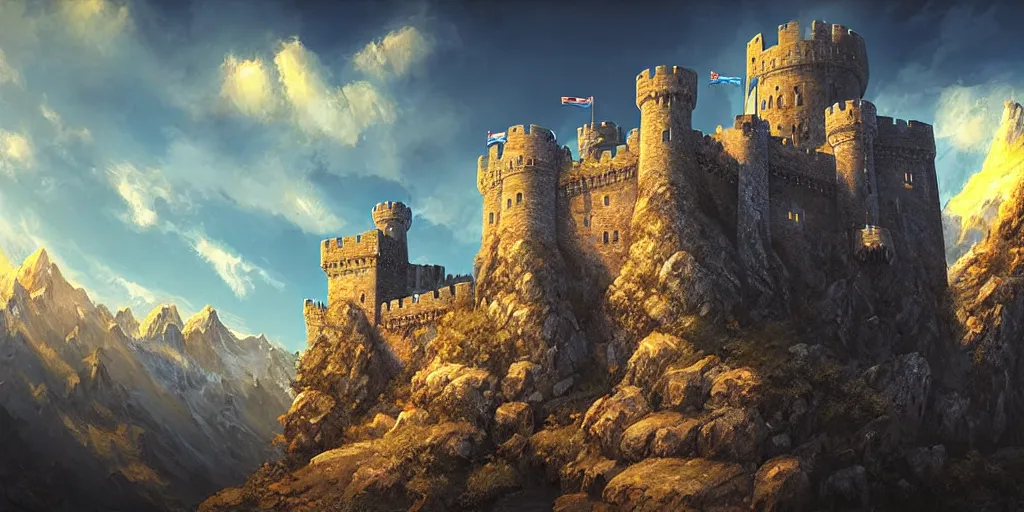 Prompt: a castle fortress on a rocky mountain side, blue sky, sunny, detailed, volumetric, cinematic lighting, realistic, digital art by greg rukowski