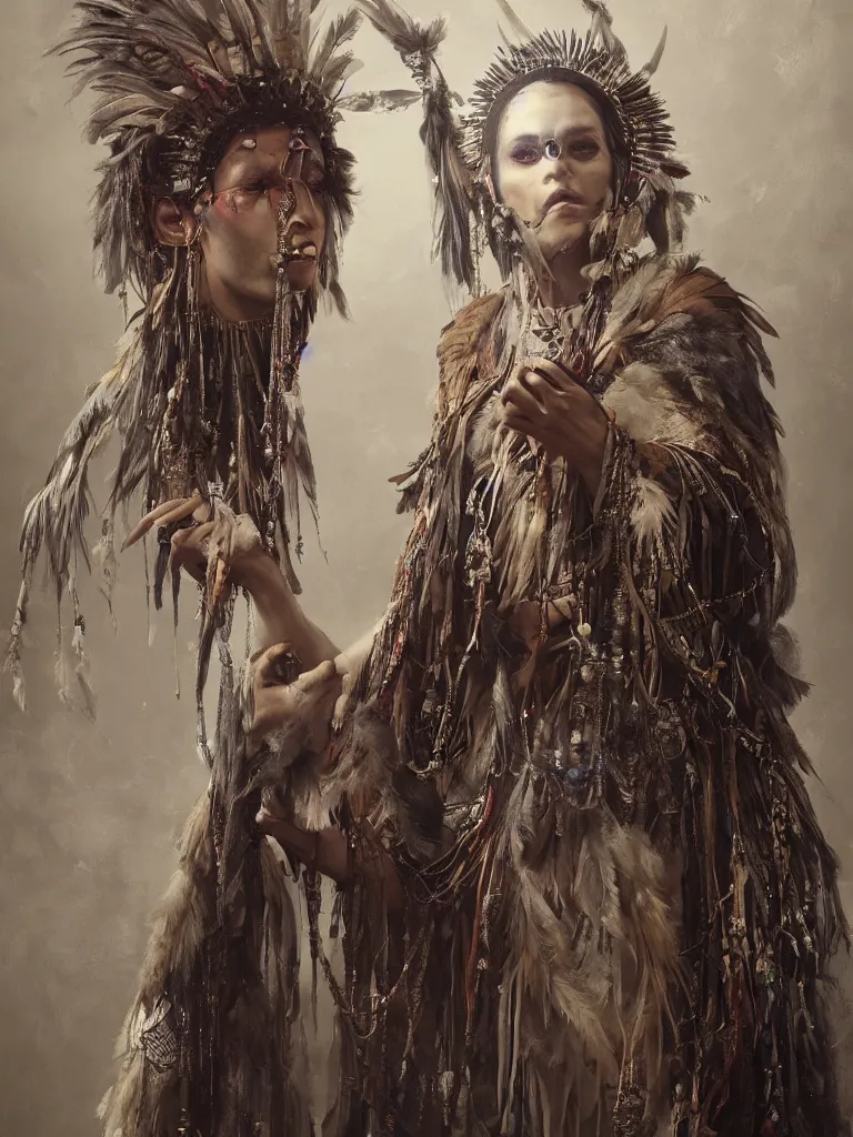 Prompt: A realistic photo centered portrait of a wise and mystical shaman with a head dress made of feathers and beads with dark robes and trinkets of silver casting a magical spell , by Greg Rutkowski, HD , trending on artstation