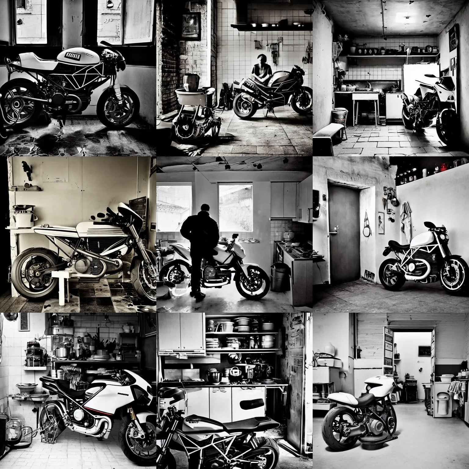 Prompt: huge ducati panigrale motorbike, standing in cluttered cozy kitchen, darkroom, candles, chairs and tables, motorbike, white tile on the floor, overexposed, by paolo pellegrin, by trent parke, prize winning photo, cinematic