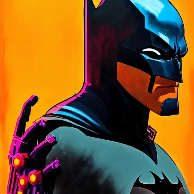 Prompt: a beautiful painting of a cyberpunk batman by sachin teng and pascal blanche and ralph mcquarrie and greg rutkowski. in style of futurism art. ( colorful comic ), ( film noirs ), ( brush stroke ), ( vibrating colors ), hyper detailed. 4 k texture. octane render. trending on artstation