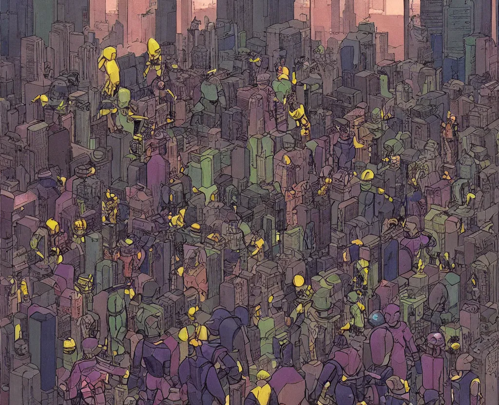 Prompt: a faceless mob chasing a robot through a glass and steel metropolis as by moebius, saturated color scheme