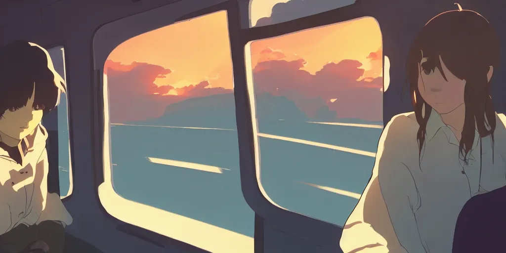 Image similar to Girl sitting in a window seat in a bus at sunset, cinematic lighting, style by Makoto Shinkai