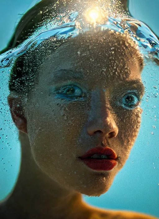 Image similar to extreme closeup portrait of a beautiful woman half submerged in water, horrified look in his eyes, dirt helmet, water reflection, sigma 85mm, highly detailed, soft lighting, elegant,sigma 85mm, Edward Hopper and James Gilleard, Zdzislaw Beksinski, Steven Outram, highly detailed