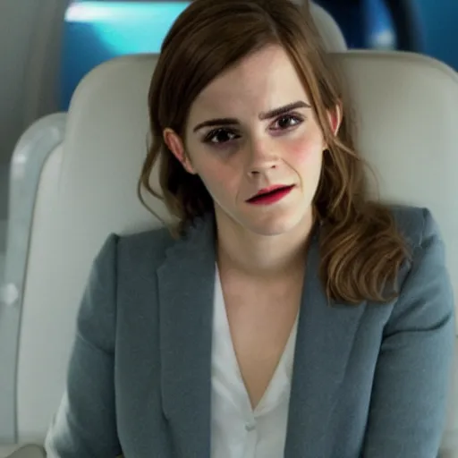 Image similar to emma watson, inside airplane, film still, low contrast,