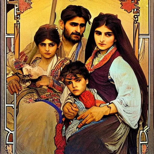 Image similar to Kurdish family Painted By Alphonso Mucha, Highly detailed