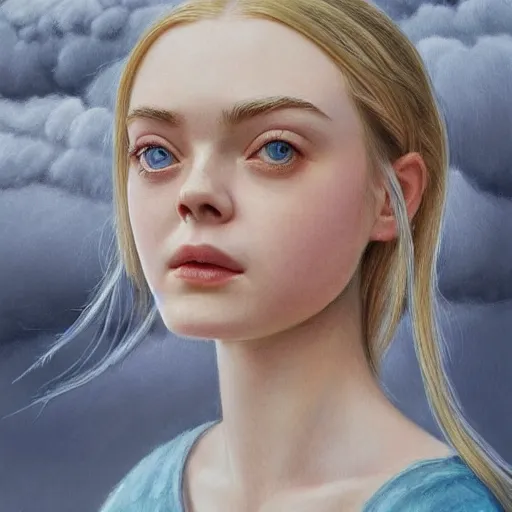 Image similar to professional painting of Elle Fanning in the style of Lee Madgwick, head and shoulders portrait, symmetrical facial features, smooth, sharp focus, illustration, intricate, stormy weather, extremely detailed masterpiece,