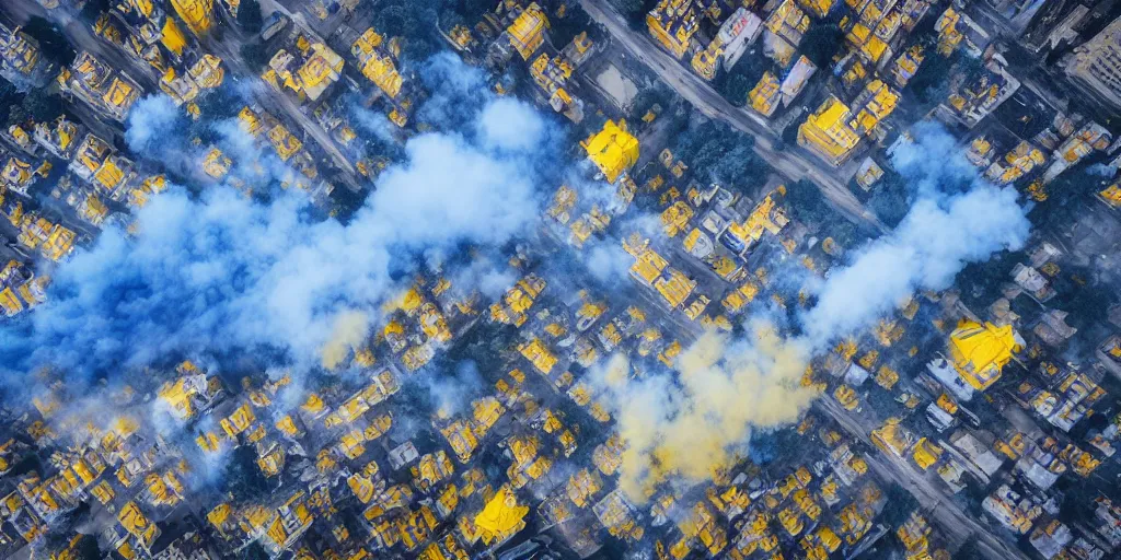 Image similar to kiev city streets covered in yellow and blue smoke, drone photography, by kim keever