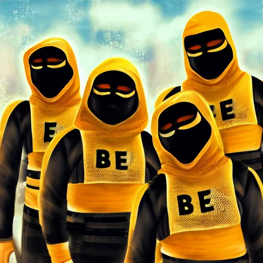 Image similar to a team of bee ninjas, hyperrealistic, digital art, 4 k