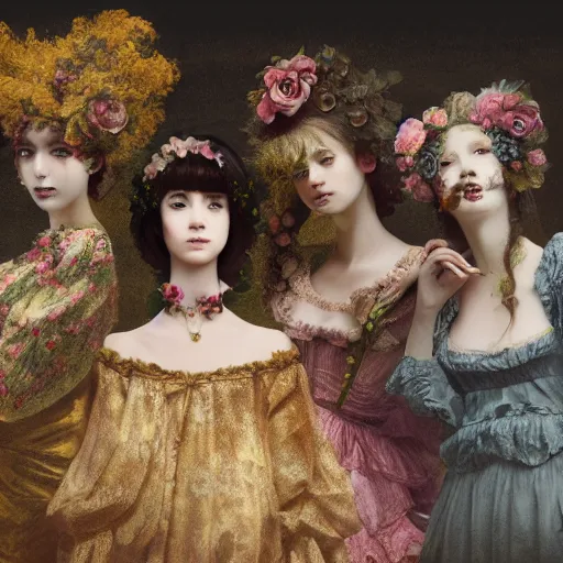 Image similar to 8k, octane render, realism, tonalism, renaissance, rococo, baroque, group of creepy young ladies wearing long flowers and skull dress, harajuku manga, background chaotic gold leaf flowers