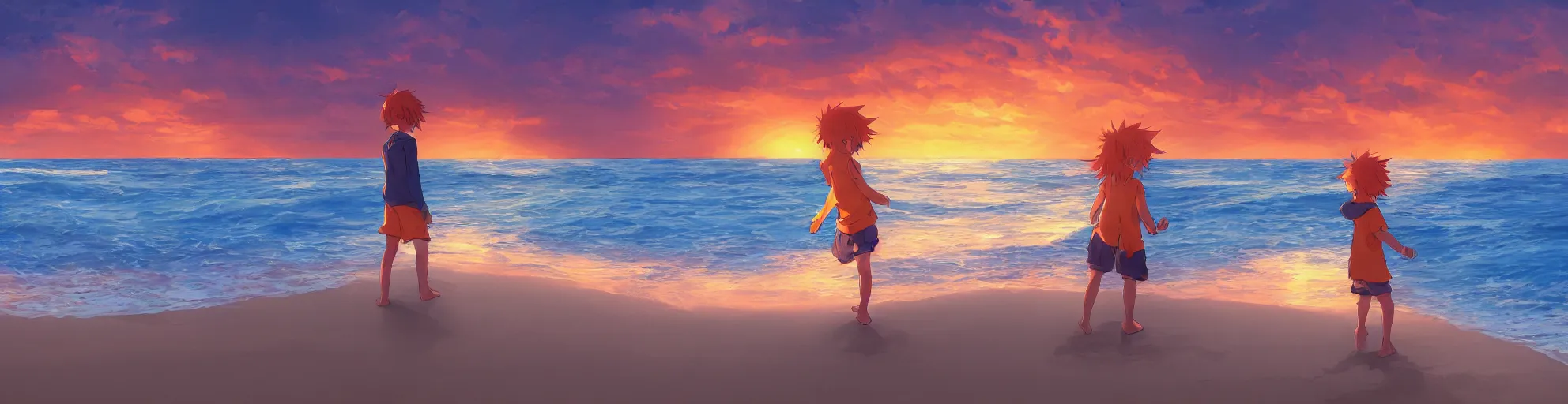 Image similar to beautiful, detailed digital painting of a orange-haired child playing on the beach and looking at the sunset, anime by Makoto Shinkai, sand, waves, trending on artstation