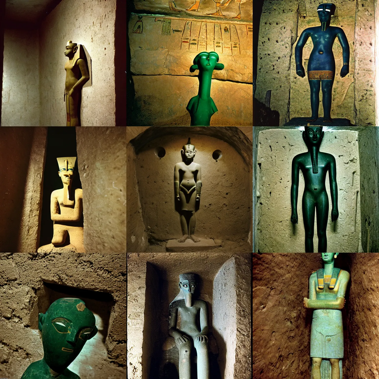 Prompt: photograph of an ancient egyptian statue of gumby inside an ancient tomb, kodachrome, ominous