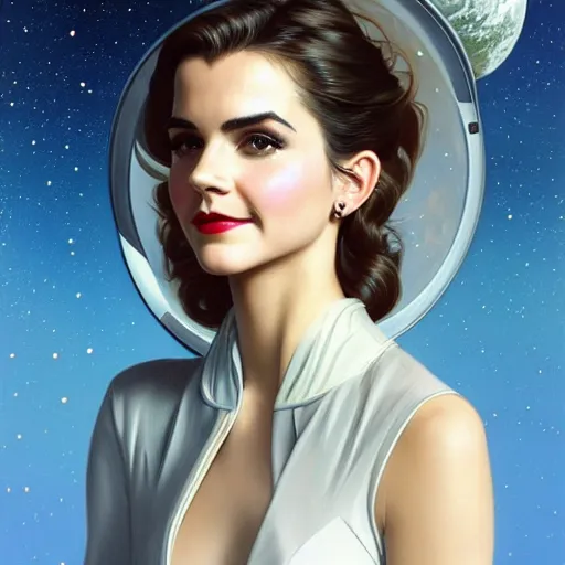 Image similar to A combination of Victoria Justice's and Grace Kelly's and Emma Watson's appearances as an astronaut, full body portrait, western, D&D, fantasy, intricate, elegant, highly detailed, digital painting, artstation, concept art, matte, sharp focus, illustration, art by Artgerm and Greg Rutkowski and Alphonse Mucha