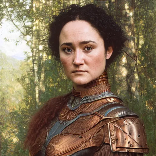 Image similar to a detailed, beautiful portrait oil painting of keisha castle hughes, with a hurt expression, wearing intricate, etched copper armor in an ancient forest, by donato giancola, john williams waterhouse, and william adolphe bouguereau