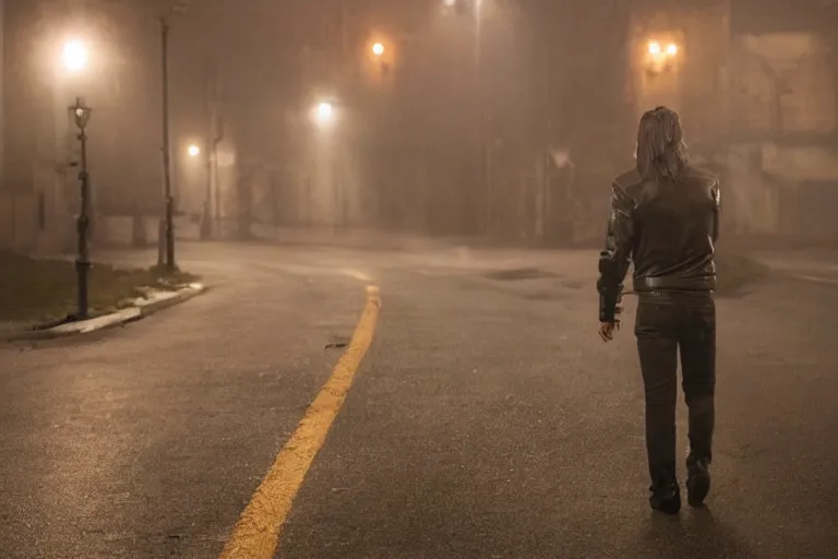 Image similar to movie shot of young man from back pacing lowering head dressed in short leather bomber jacket to empty narrow alley with street lamps in park with pines to the horizon, with hands in pockets, snowfall at night, mullet long haircut, black hairs, cinematic, dramatic, detailed, realistic, movie shot, low greenish lighting