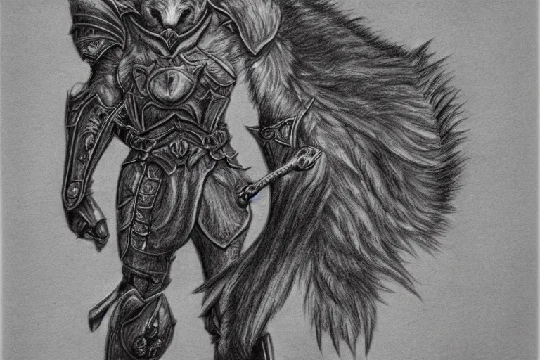 Image similar to a pencil drawing of a wolf, full body, D&D, armor, made by by Pen Tacula