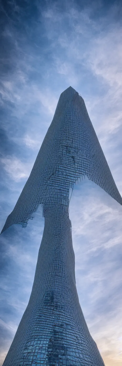 Prompt: the first 1 mile tall tower, portrait format, 18mm lens, architectural photography, futuristic, stunning volumetric light sunset