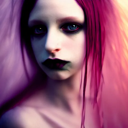 Image similar to photographic portrait of a stunningly beautiful english emo gothic female in soft dreamy light at sunset, soft focus, contemporary fashion shoot, in a tim burton movie, by edward robert hughes, annie leibovitz and steve mccurry, david lazar, jimmy nelsson, extremely detailed, breathtaking, hyperrealistic, perfect face, octane render