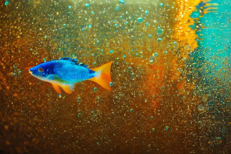 Image similar to ultra realistic underwater photography, panoramic picture of a river with ( subject : a very big exotic brightly coloured fish ). lots of bubbles. wavy, scattered light entering from the water surface, artstation, focus on the fish, extremely hyperrealistic crisply sharp fish, 8 k