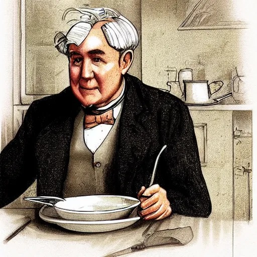 Image similar to thomas edison eating pork stew, trending on artstation