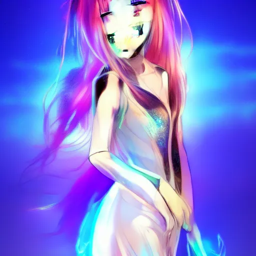 Image similar to a teenage anime android girl wearing a very high intricate detailed dress made out of water standing in a crystal clear lake with a neon lit futuristic city in the background::full body::very long black + red hair::left eye is yellow + right eye is glowing red::heterochromatic eyes::intense stare::cinematic lighting::medium shot::MCU::trending on artstation::CSP + Photoshop::WLOP + Rossdraws + James Jean + Andrei Riabovitchev + Marc Simonetti + Anastasia Ovchinnikova + Véronique Meignaud + BEN MAIER + Sakimichan