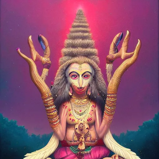 Prompt: wise old Indian guru, multiple arms, large ears, pink and gold , by Anato Finnstark, Tom Bagshaw, Brom