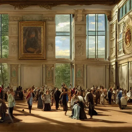 Image similar to A beautiful body art of a large room with many people in it. There is a lot of activity going on, with people talking and moving around. The room is ornately decorated and there is a large window at one end. cartoon by William Trost Richards minimalist, CGI