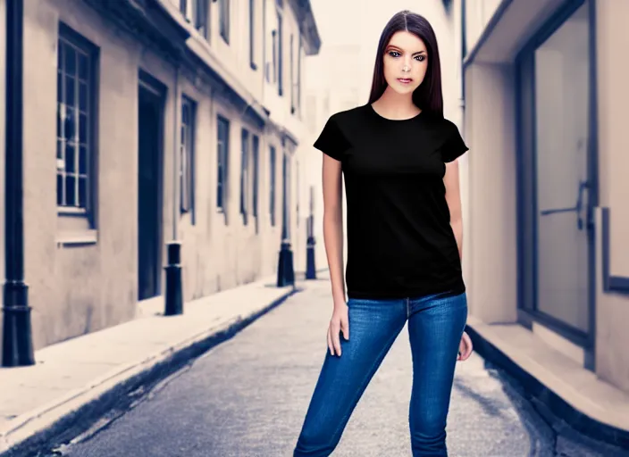 Image similar to clear photorealistic mockup product photograph of a blank black tshirt on an attractive female model in front of a lively street background