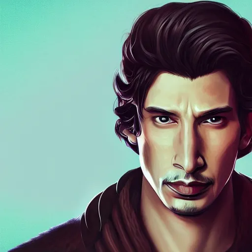 Image similar to “ adam driver portrait by neeko, league of legends, game character, detailed illustration, intricate, highly detailed, centered, digital painting, smooth, sharp focus, fantasy world, riot, artstation ”