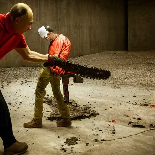 Image similar to putin with a chainsaw. in a concrete bunker with a pile of corpses. focus on putins face with blood splatters. canon eos r 3, f / 1. 4, iso 1 6 0 0, 1 / 8 0 s, 8 k, raw, grainy