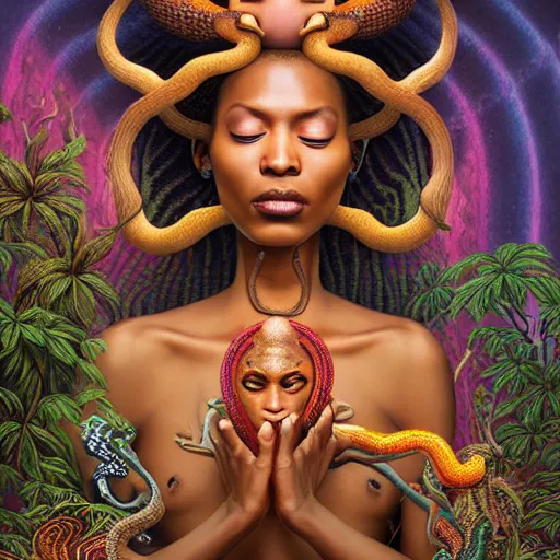 Prompt: a voodoo priestess with snakes meditating in a zen garden with a waterfall under the blood moon, by Adi granov and afarin sajedi and amanda sage and evgeni gordiets and Agostino Arrivabene and adonna khare in a psychedelic portrait style, ultrarealistic matte painting, volumetric lighting, fractal, extremely symmetrical, highly detailed face, orisha, 8k, hd