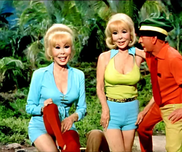 Image similar to barbara eden is a guest - star on an episode of gilligan's island with gilligan and the skipper, video still, hyperrealistic, very detailed