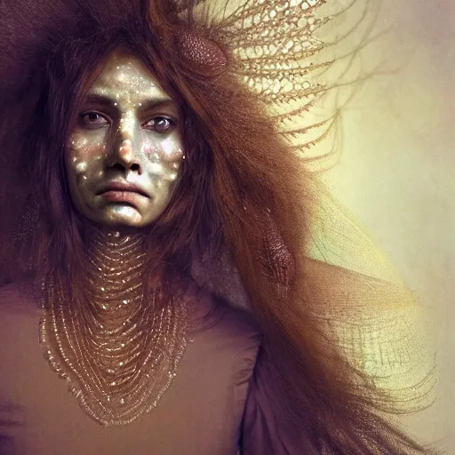 Prompt: a close - up shot of a brown woman wearing a luminous armor made of jelly fishes. soft lighting. fragile. haunting eyes!! coherent face!! no makeup!! muted colors. by ray caesar. by louise dahl - wolfe. by andrea kowch. surreal photography