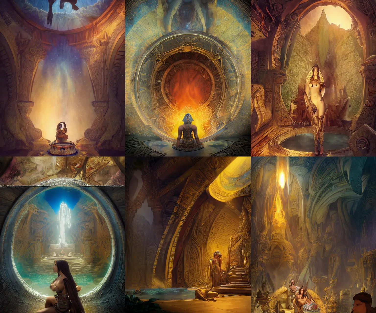 Prompt: fantasy movie scene andreas rocha and frank frazetta and alfons mucha detailed digital art of ornate and royal egyptian antechamber tomb, cleopatra in a circular pool with an erupting galaxy, epic atmosphere, sharp sunray lighting, cinematic lighting, fine details, 4 k, unreal engine, hyperrealism, cinematic composition, blender render, realistic, detailed textures, very wide shot
