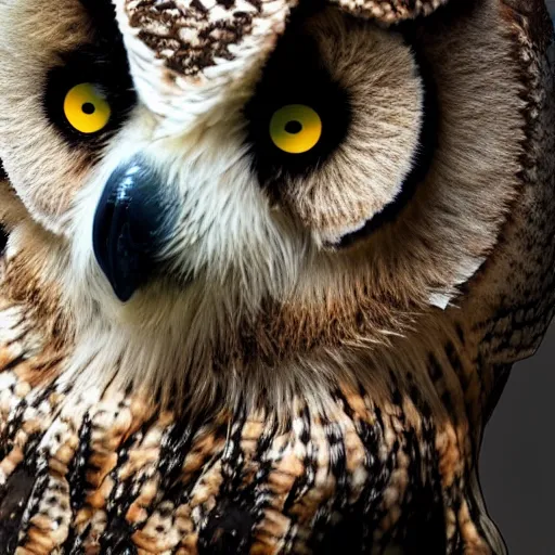 Image similar to a bear with a head of an owl, 8k, ultrarealistic, professional photography