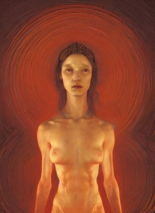 Image similar to Woman masterpiece, red, golden halo behind her head, by Edgar Maxence and Ross Tran, Zdzisław Beksiński, and Michael Whelan, distant, gustav dore, H.R. Giger, 8k, octane render