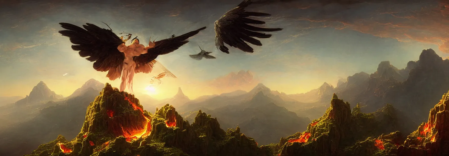 Image similar to Icarus with his wings on fire crashed and burned on the side of a mountain while Daedalus bows his head in disbelief from his workshop in the mountains below. in the style of a surreal and awe-inspiring thomas cole and bruce pennington digital art panorama landscape painting at sunset. unreal engine, 4k, matte, exquisite detail