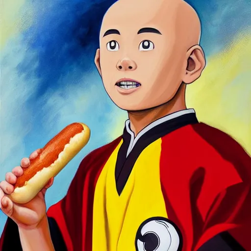 Image similar to a painting portrait of the last airbender in an arsenal jersey holding a hot dog,