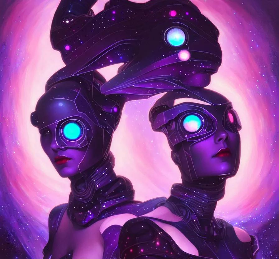 Image similar to beautiful cyber female with purple mechanic eyes and red lips, face, sci - fi, metal skinn, constellation geometry space mandal background, breathtaking stars, elegant, highly detailed, digital painting, artstation, concept art, smooth, sharp focus, spiritual art, art by artgerm and greg rutkowski and alphonse mucha, psychedelic, illustration, painting oil,