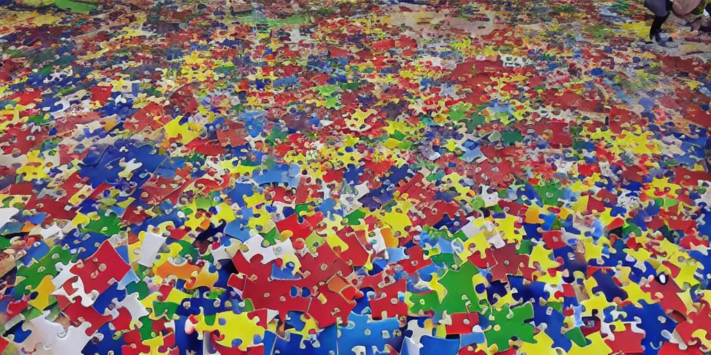 Image similar to a giant jigsaw puzzle being put together by tiny people