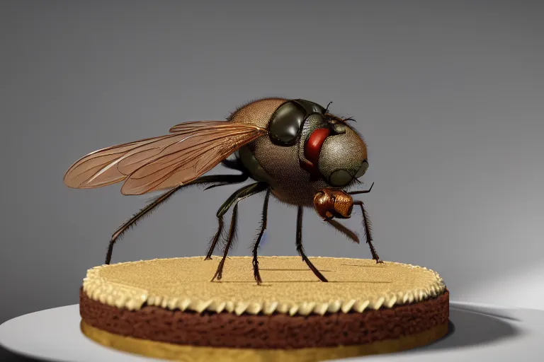 Image similar to a huge fly is sitting on a cake, 4 k, ultra details, cinematic, epic style, beautiful photo, hyper realistic, octane render, unreal engine, award winning, on artstation, volumetric lightning, masterpiece, golden hour,