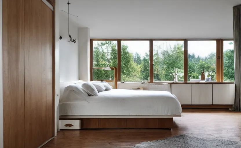 Prompt: art deco elegant bedroom interior, white, beige, slate, bed, walnut wood, bright, retro chic, minimalistic, swedish design, cupboards, giant windows with a view on green lush trees, sunset