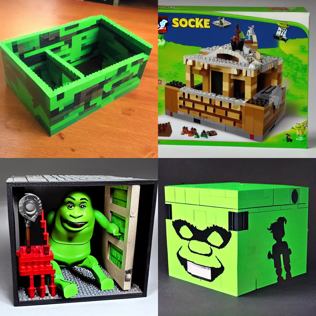 Prompt: box for a Lego set of Shrek's swamp