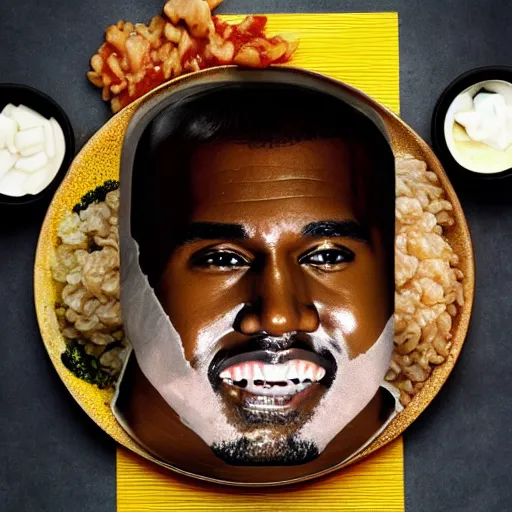 Prompt: a face of kanye west made of congee, congee chinese food photography