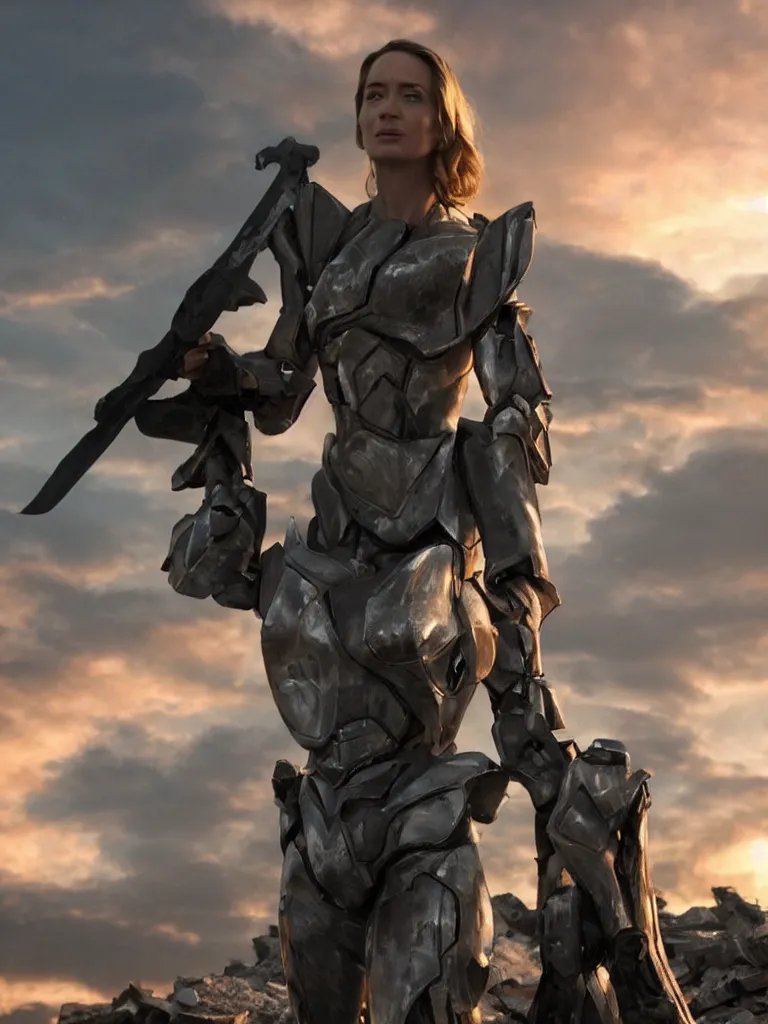 Prompt: emily blunt in futuristic power armor, by herself, holding a sword, standing atop a pile of rubble, sunset and big clouds behind her