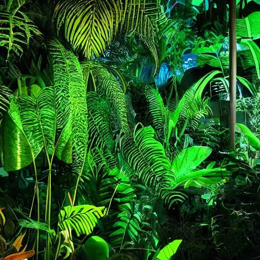 Image similar to « low luminosity jungle, luminescent plants, far view, detailed »